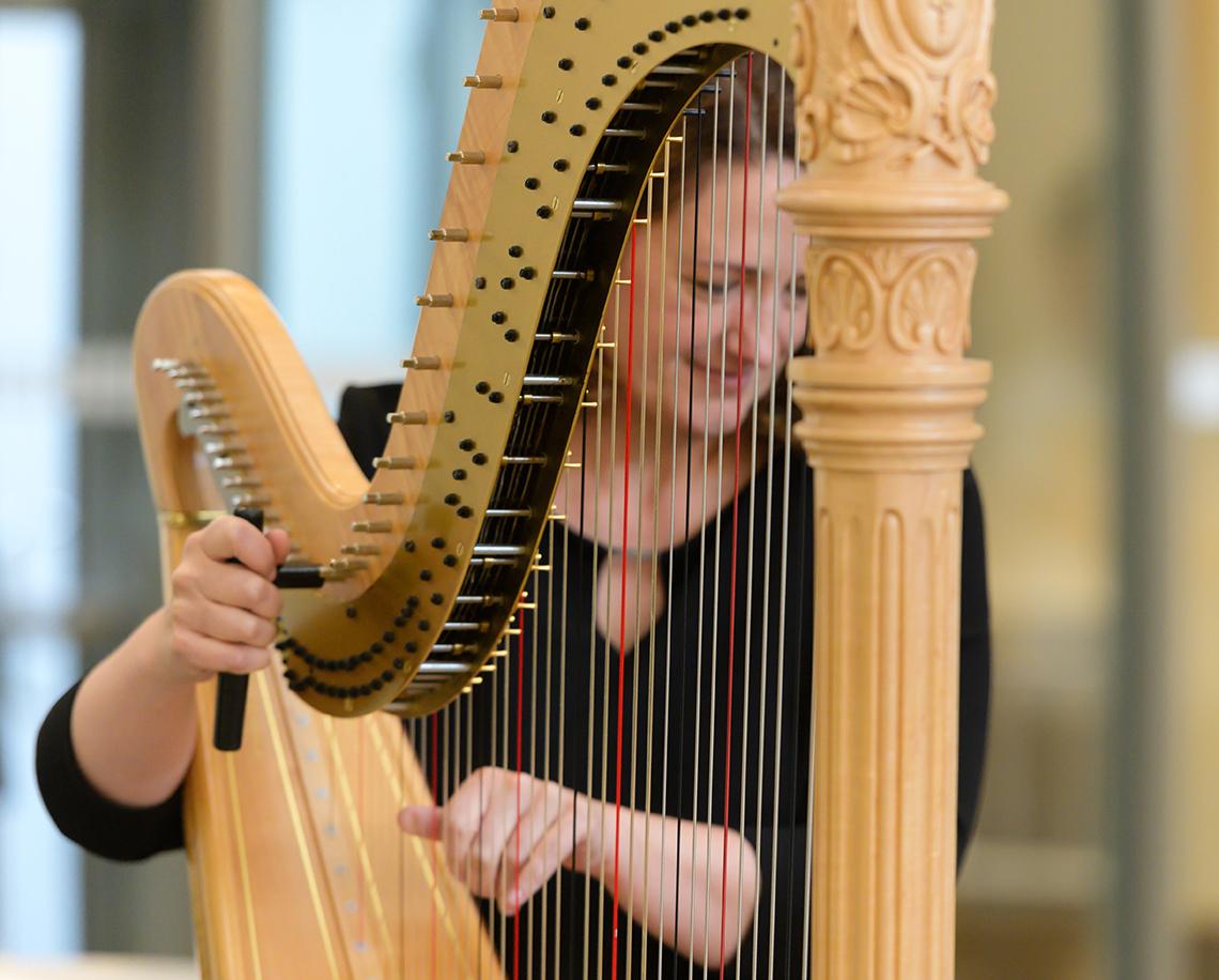A woman sits behind a harp while strumming the strings.