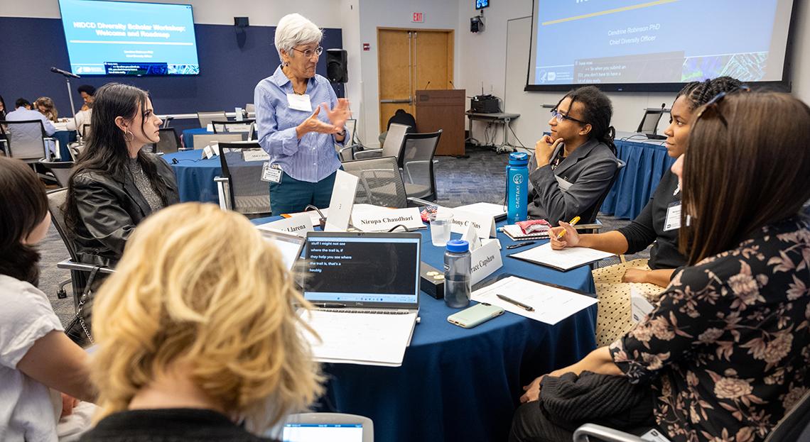 A woman talks while a group, sitting around a conference room table with their laptops, listens.