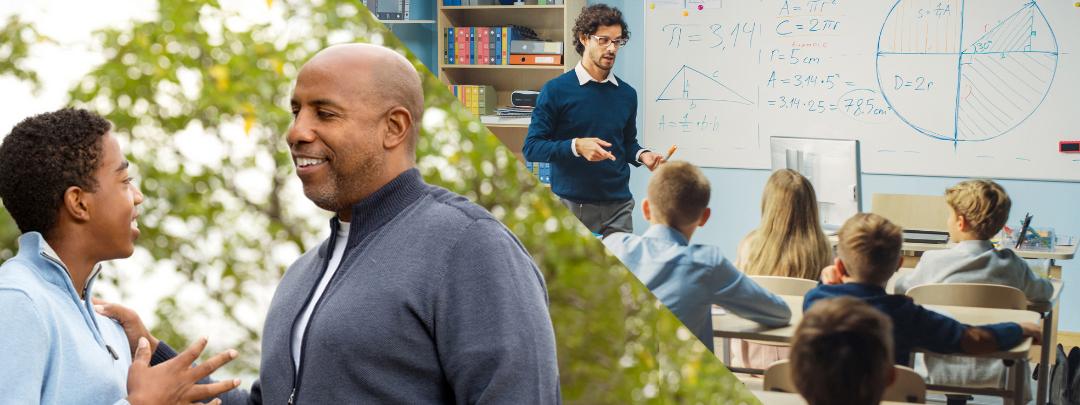 Two scenes split by a diagonal line: on the left, a boy and a man converse in an outdoor scene; on the right, children seated in a classroom listen to their teacher's lesson.