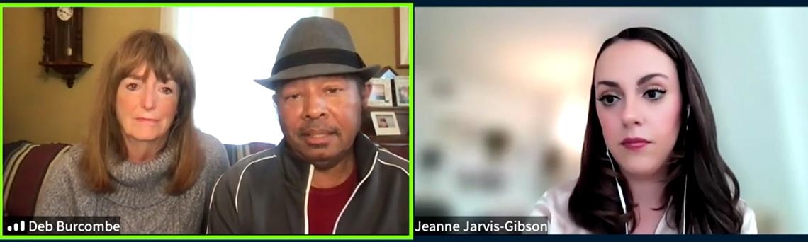 A screenshot shows Jarvis-Gibson listening to Harris speak, with Burcombe sitting by his side.