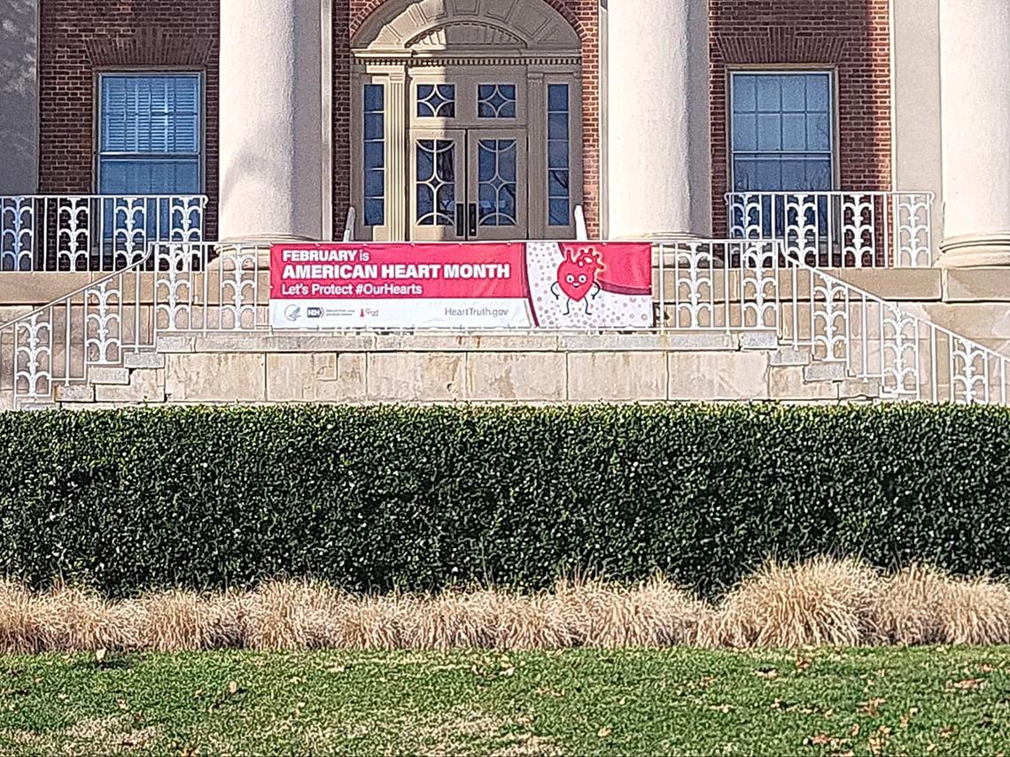 A banner advertising American Heart Month is displayed at the front of Bldg. 1
