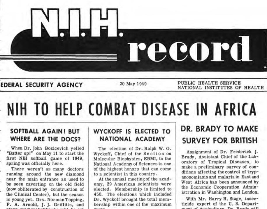 Black text on yellowed paper. Several headlines and beginnings of articles. Newspaper-style logo: N.I.H. record