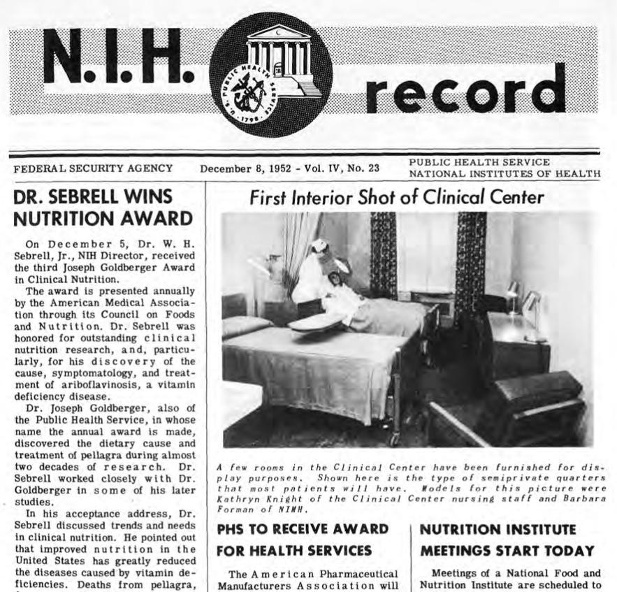 Black text on yellowed paper. Several headlines and beginnings of articles. New nameplate with new logo featuring illustration of Bldg. 1 with Public Health Service circle emblem overlaid.