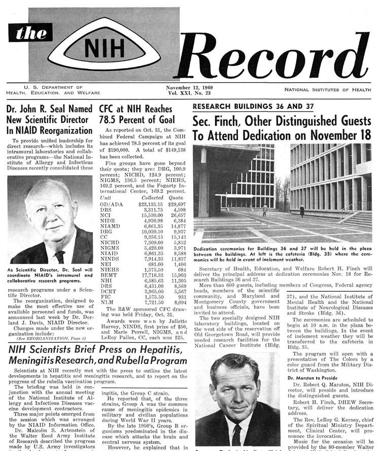 Black text on white paper. Several headlines and beginnings of articles. New nameplate with NIH triangular logo.