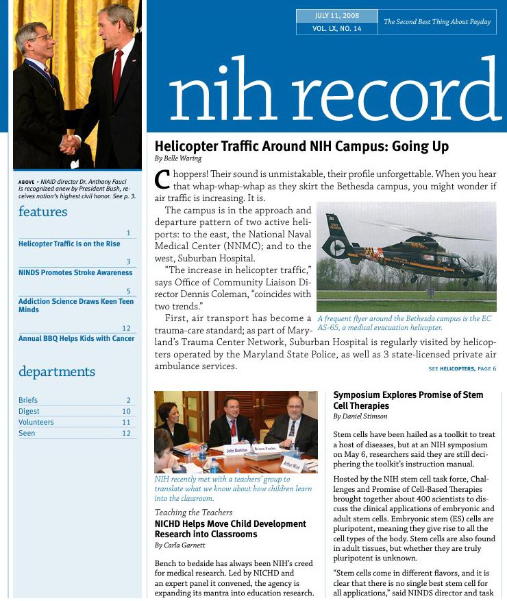 scan of page one, featuring blue colorblock with Record nameplate and color photos of several stories