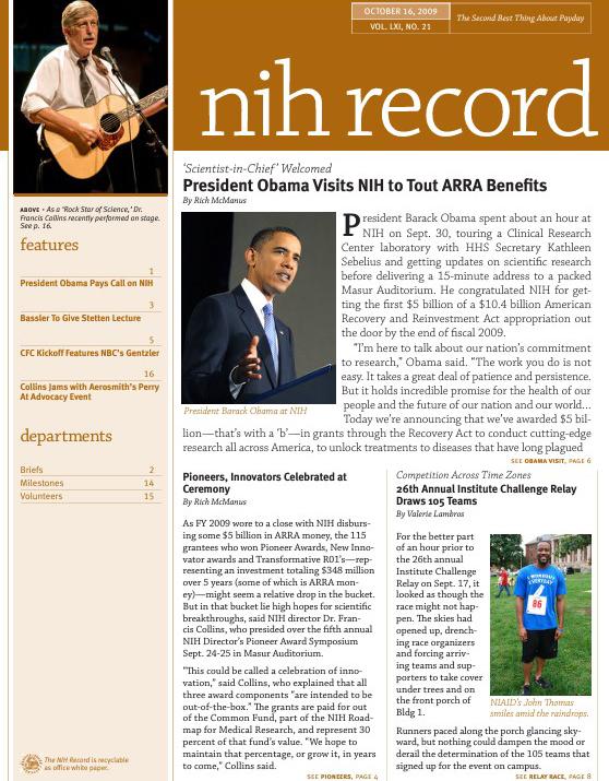 scan of page one, featuring brown colorblock with Record nameplate and color photos of several stories