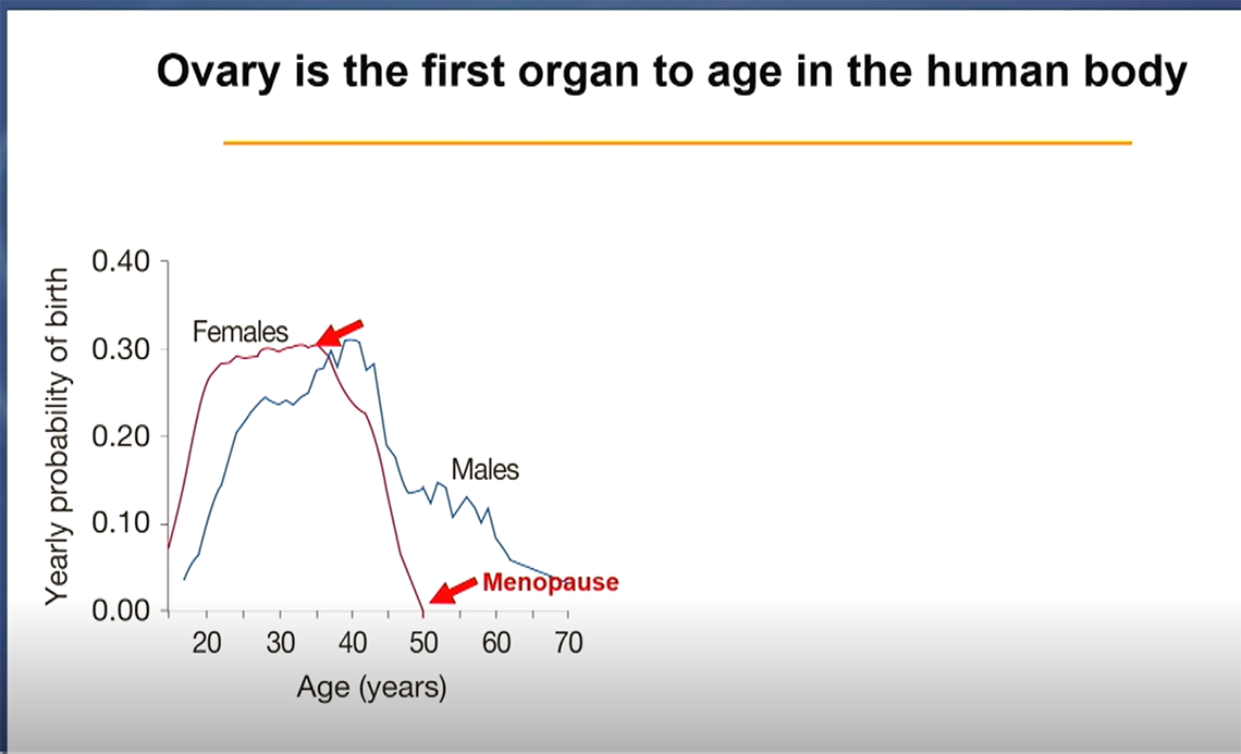 Screenshot of a graph, depicting the trend of reproductive aging in women versus men.