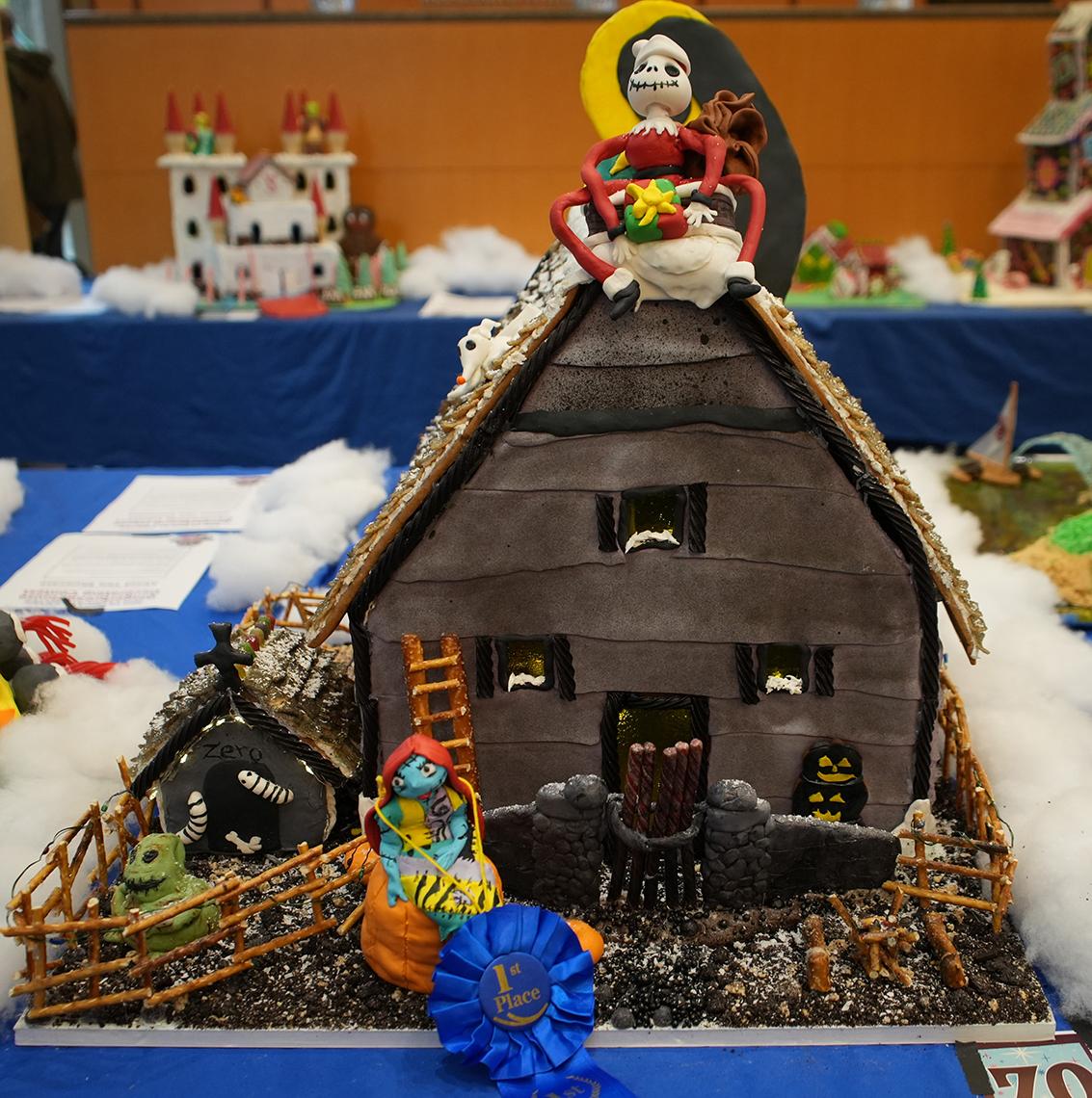 A brown house with monsters