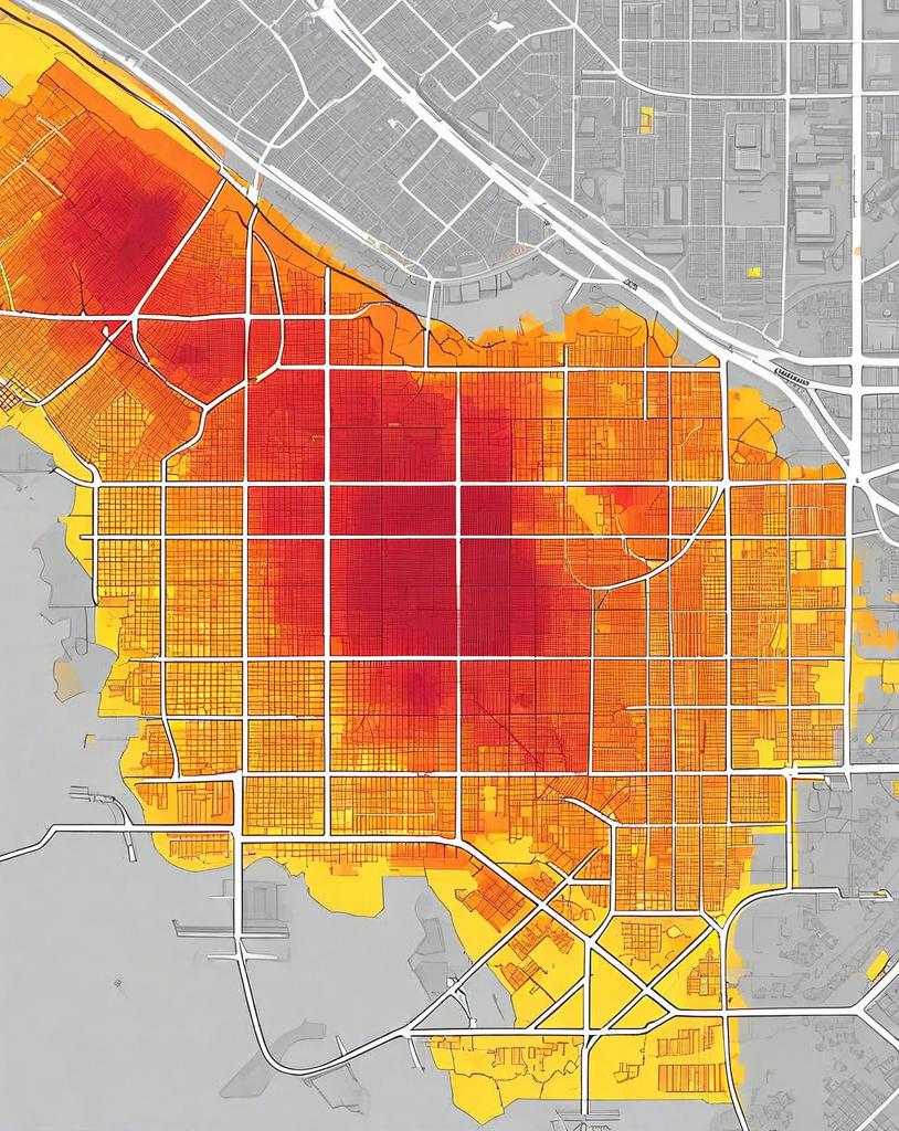 A city map on a grid shows a large red and orange center bordered by yellow.