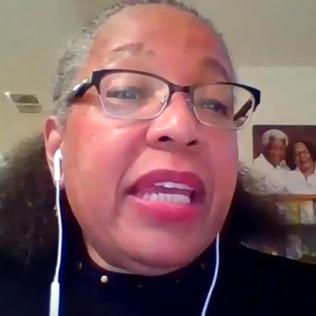 Evans speaks virtually from her home.