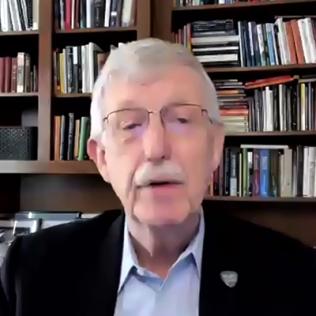 Screenshot of Collins's head and shoulders with shelves of books in background
