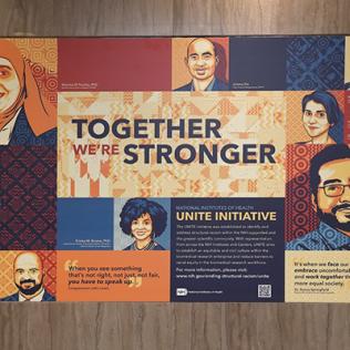 Colorful poster features several portraits of individuals from diverse racial and ethnic backgrounds with theme "Together We're Stronger" written in bold.