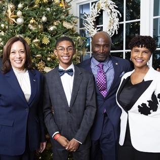 Emhoff, Vice President Harris, Alex Berko and his parents pose outside the vice president's house
