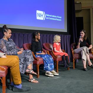 Panelists sit on stage. Boyce is talking into mic as others listen.