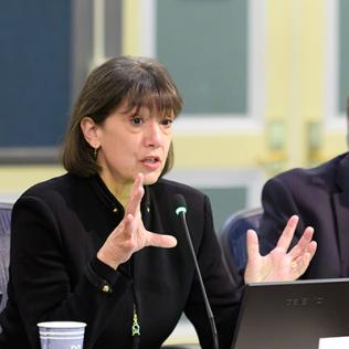 Bertagnolli, seated at a conference table, gestures with her hands as she speaks.