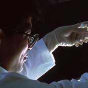 An NCI scientist in white lab coat and gloves holds up 3 test tubes.