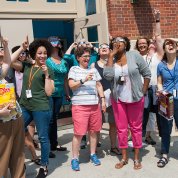 Staff watch the eclipse