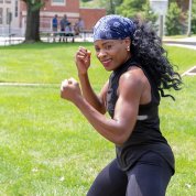 Linda Bessacque leads vigorous warm-up before the hike.