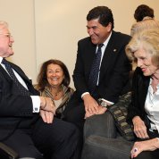 At the 2008 dedication event, Eunice Shriver shares a laugh with brother Sen. Kennedy, Dr. Nadia Zerhouni and her husband, NIH director Dr. Elias Zerhouni. 