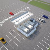 Overhead view of gas station looking west from east edge of lot 41