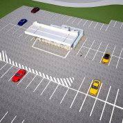 Overhead view of gas station looking northeast at the southwest façade