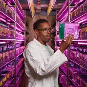 Bishop holds up a tank of zebrafish to observe them