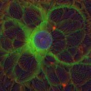 A purple circular center with protruding green lines wrapped around bunches of purple.