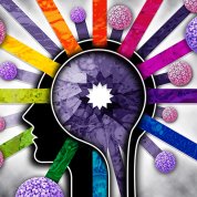 Side view of human head with colorful sticks emanating from white star in center, radiating out to pink and purple circles