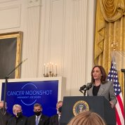 Vice President Kamala Harris at a White House East Room podium.