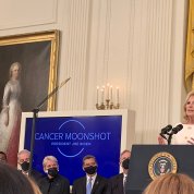 First Lady Dr. Jill Biden at a White House East Room podium