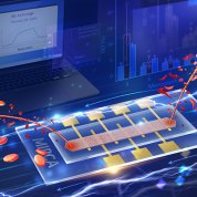 Illustration of blue rectangular bar with yellow tabs. A long red strip lies on top with red droplets pouring in one end and flowing out the opposite end.