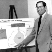 Gallin points to a diagram on a poster