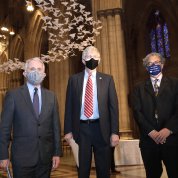 In Cathedral lobby with high ceiling, Fauci, Collins, and Pérez-Stable wearing face masks