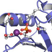 A purple squiggly surrounded by purple ribbons and several small red balls