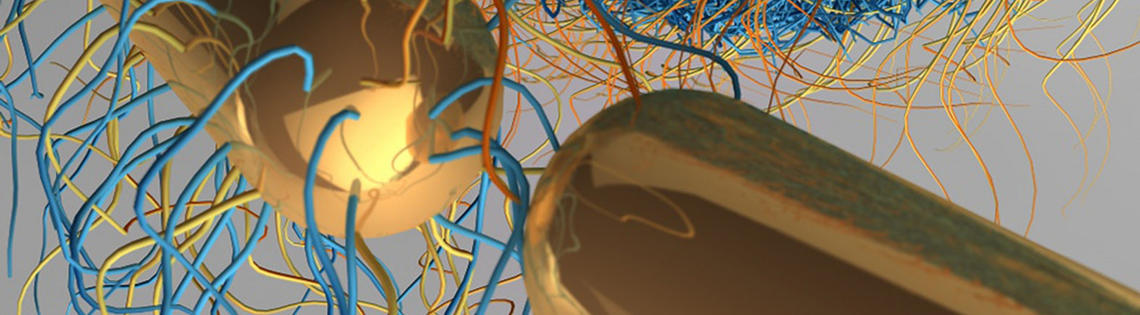 science image of blue and gold threads tangled into a ball on top of two gold rods