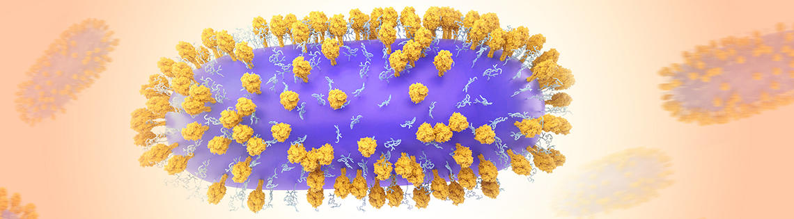 Illustration of Human Respiratory Syncytial Virus (RSV) colorized in Halloween-appropriate colors (the viral envelope is purple, G- glycoproteins are light blue, and F-glycoproteins are orange)