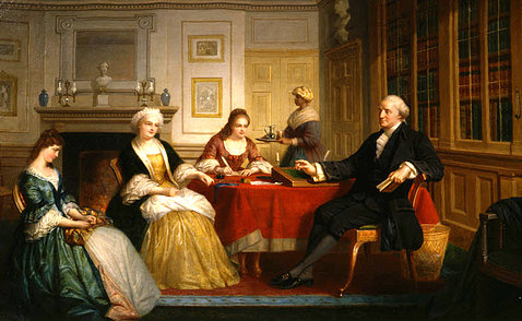 A painting of Washington and his family seated in a formal room.