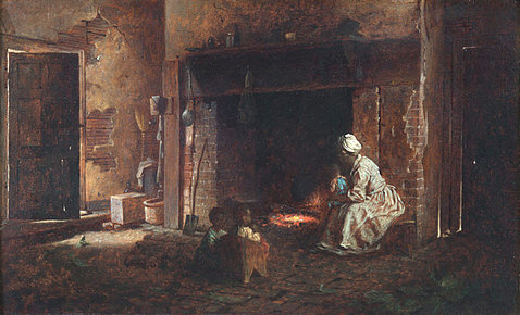 A painting of a woman and her children kneeling by a fire.