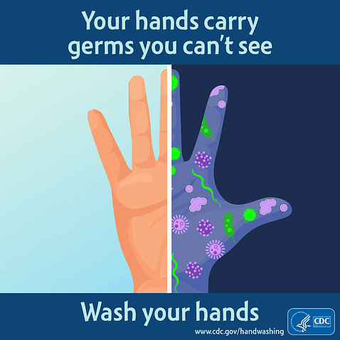 A poster that reads "Your hands carry germs you can't see. Wash your hands"