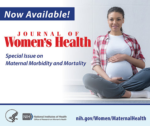 Poster showing a smiling pregnant lady holding her belly, that reads: Now Available, Journal of Women's Health, special issue on maternal morbidity and mortality