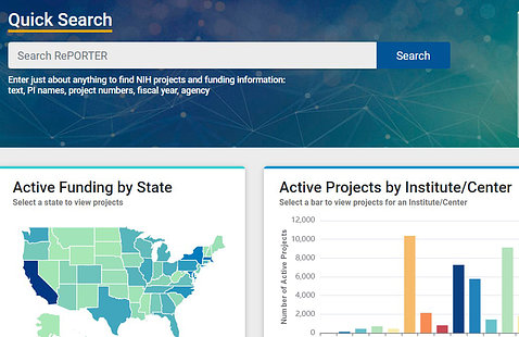 Part of the homepage of the new RePORT shows a quick search box, a U.S. map to search active funding by state, and a bar graph of active projects by institute/center
