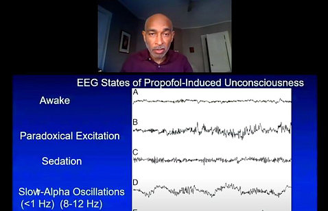 Split screenshot of Brown giving lecture over top of slide showing EEG readings.