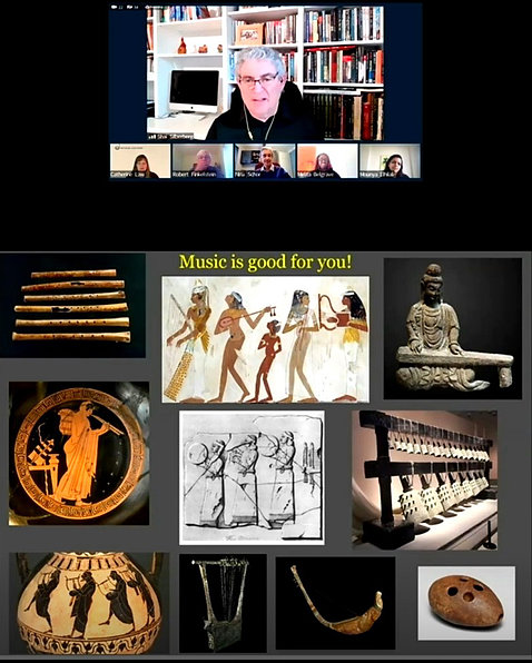 A screenshot shows historical images of lutes, statues and drawings, with the heading: "music is good for you." Speaker Silberberg is seen above.