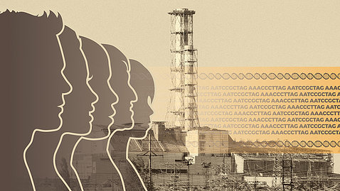An image showing the profiles of people next to a nuclear reactor, beside the repeated letters (ACGT) of the DNA code. 