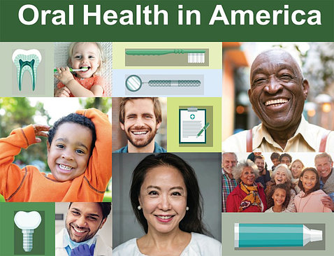 The cover of Oral Health in America shows smiling adults, children along with a toothbrush and toothpaste