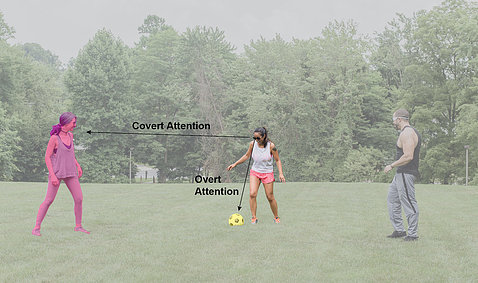 Three people stand in grassy field with woman in middle looking down at yellow soccer ball (overt attention) with other player in peripheral vision (covert attention)