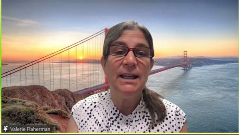 Flaherman talks on screen with a background of the Golden Gate Bridge and the bay.