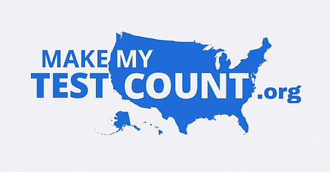 A poster with blue US map reads makemytestcount.org 