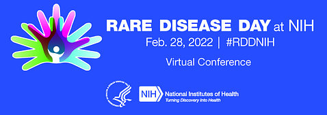 A blue poster with a colorful graphic of an open hand, with the text: Rare Disease Day at NIH Feb 28, 2022