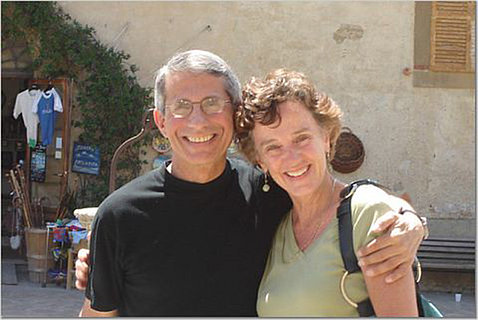 Fauci with his arm around his wife. Both are smiling in this 2007 photo on a street in Tuscany.